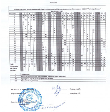 График уборки секция А октябрь